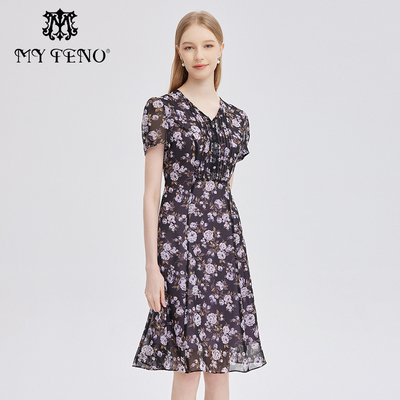 马天奴V领印花雪纺连衣裙