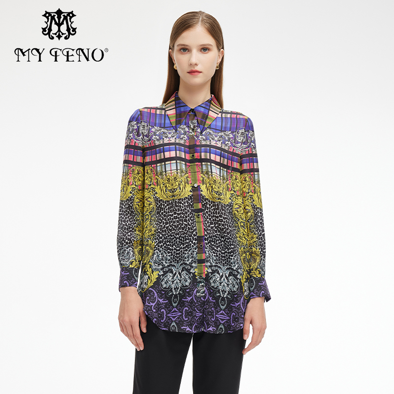 专柜正品马天奴女装春夏新款撞色印花长袖衬衫休闲设计感衬衣上衣