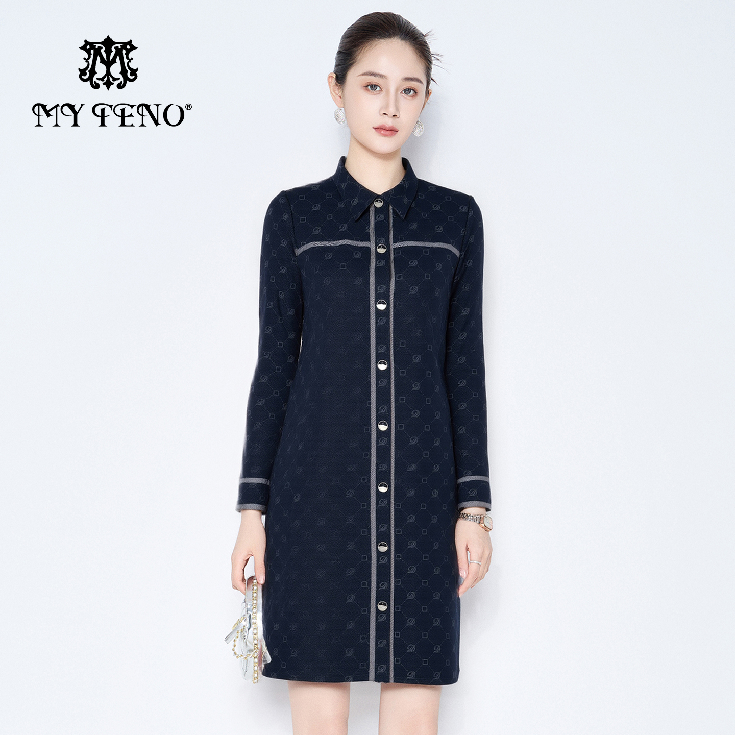 马天奴宝蓝印花牛仔长袖连衣裙