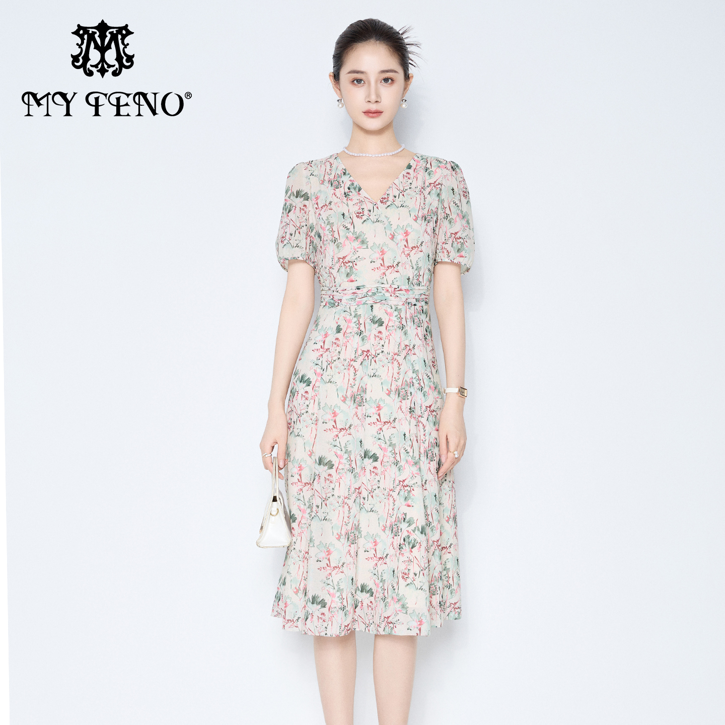 马天奴粉色印花V领收腰连衣裙