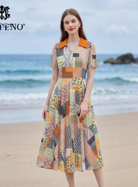 马天奴2026春夏新款橙色印花翻领短袖收腰连衣裙子气质复古优雅女