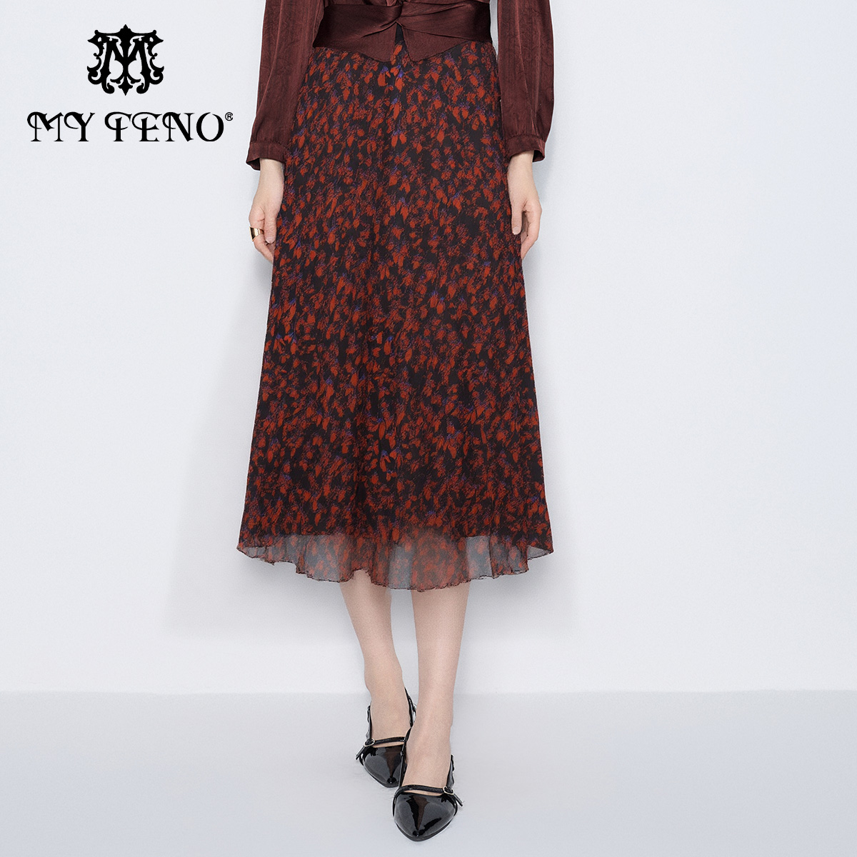 马天奴黑红印花中长A字半身裙