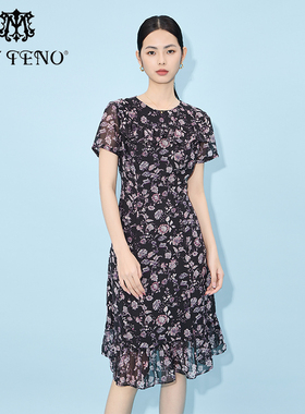 专柜正品马天奴女装夏季新款黑色印花雪纺连衣裙子波浪边收腰气质