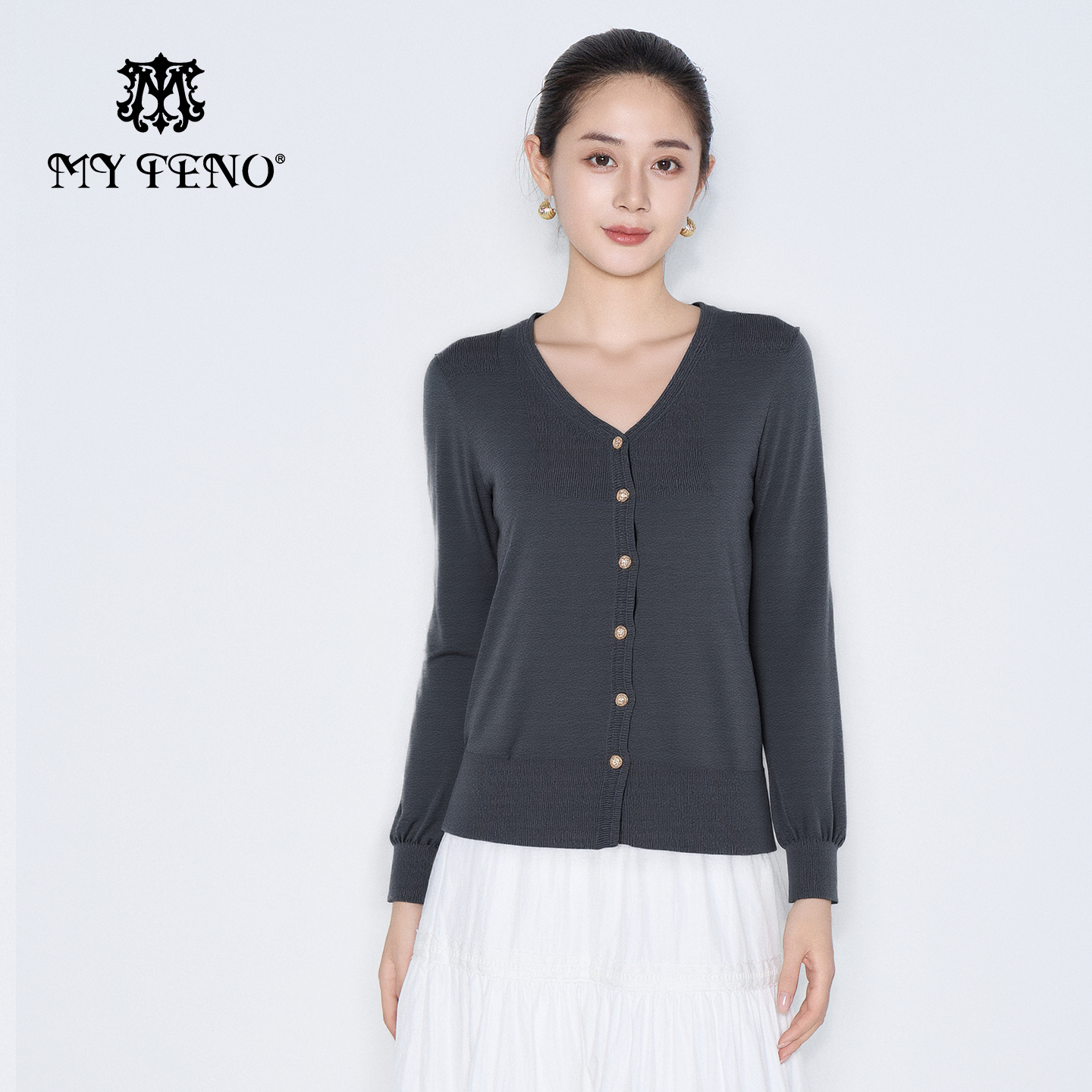 马天奴灰色羊毛混羊绒针织开衫