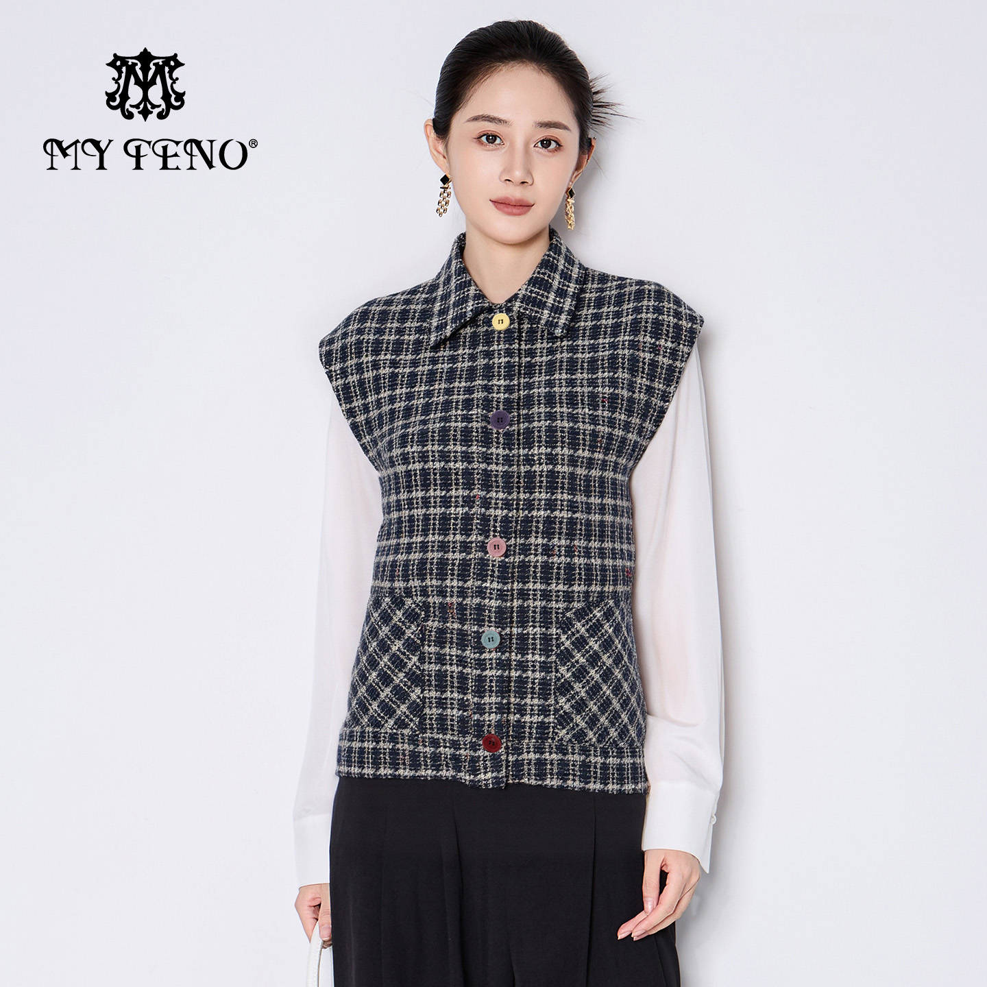 马天奴格纹粗花呢翻领短款马甲