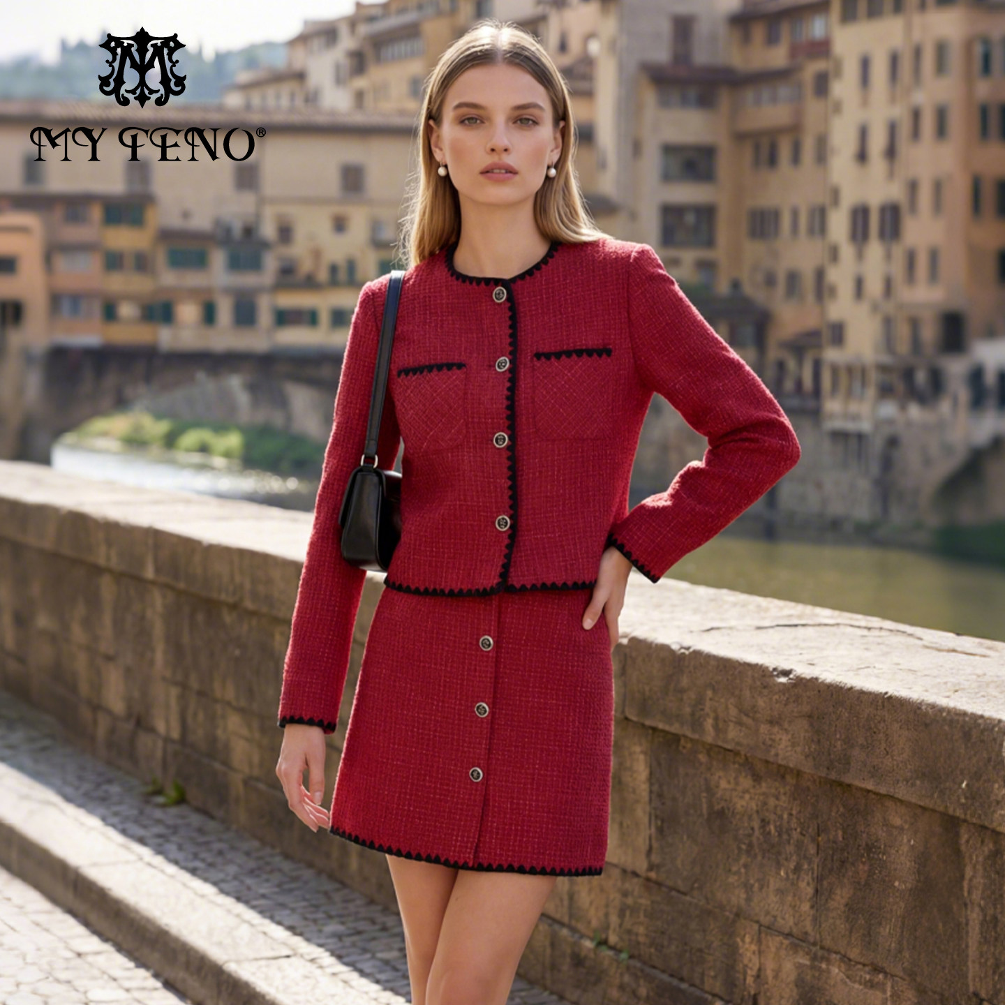 马天奴秋冬新款小香风圆领短款外套半身裙半裙子A字裙套装女装