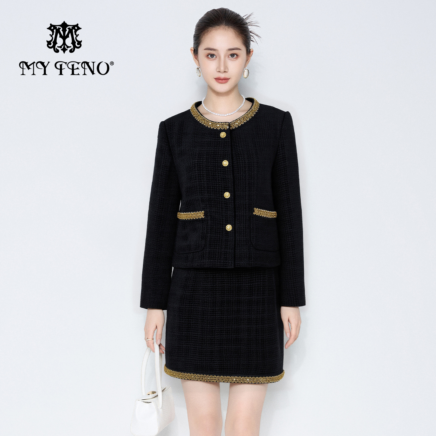 马天奴小香风黑色外套半裙套装