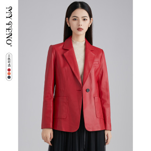 时尚 皮衣西装 通勤气质 纯色绵羊皮外套翻领收腰修身 马天奴秋冬新款