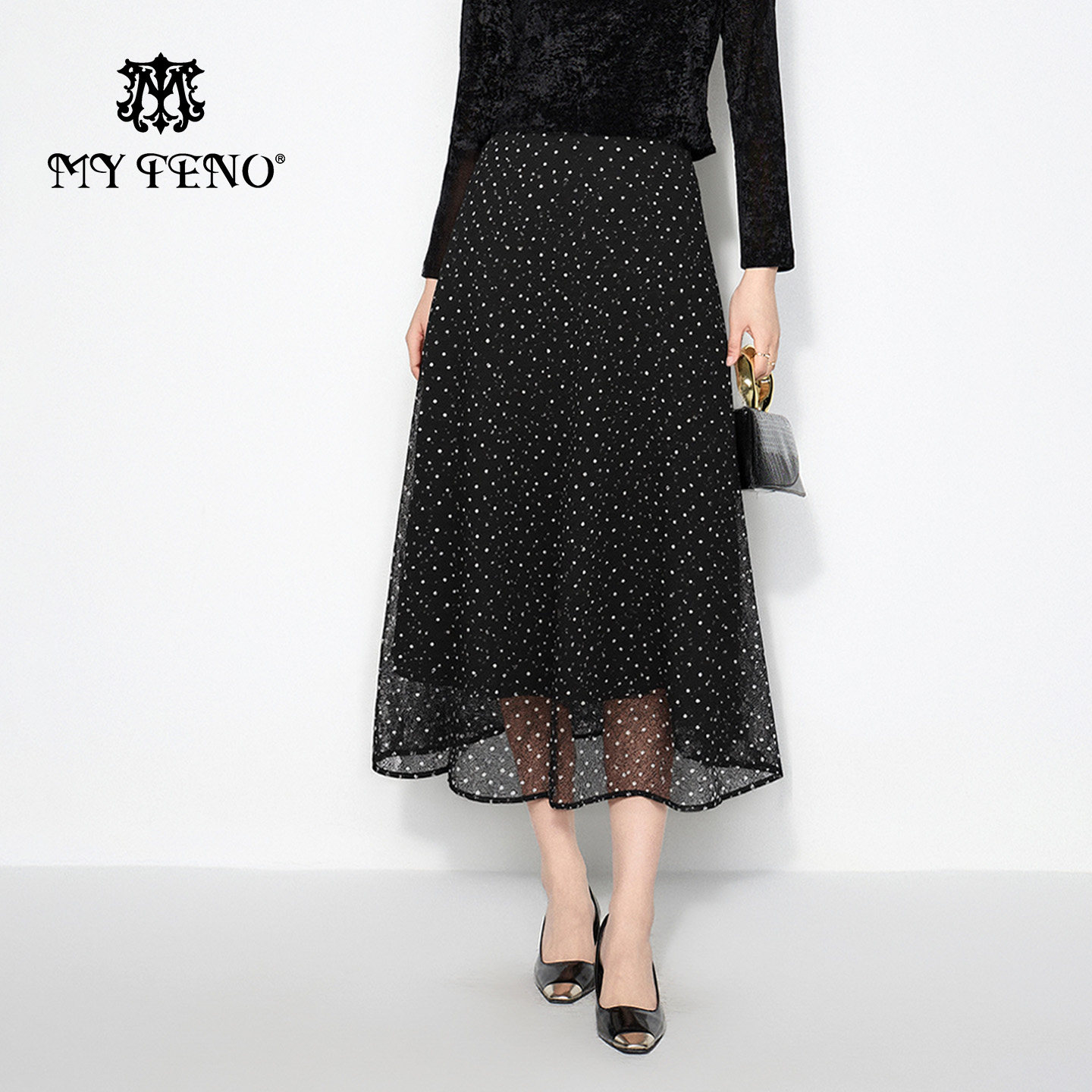 马天奴黑色波点印花蕾丝半身裙