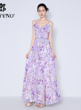 马天奴女装夏季新款紫色印花吊带裙连衣裙美式甜美收腰气质