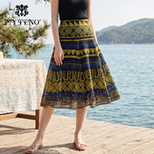 马天奴2026春夏新款 黄色印花高腰A摆半身裙半裙子复古气质撞色女