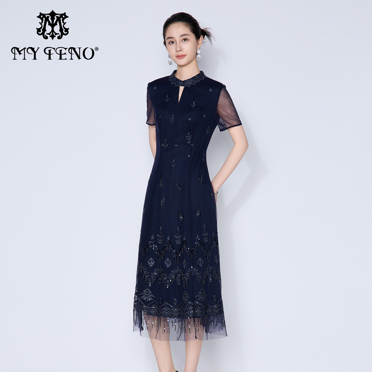 专柜正品马天奴夏季新款蓝色网纱珠片绣花连衣裙子钉珠收腰女装