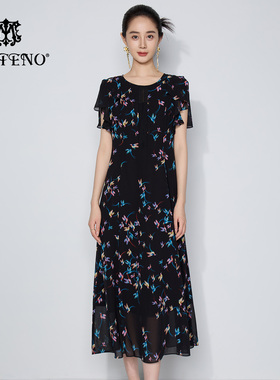 马天奴2025夏季新款黑色印花连衣裙子圆领短袖收腰时尚气质流行女