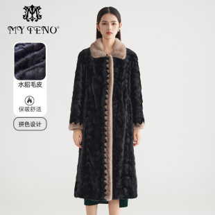 新款 马天奴2023年冬季 黑色翻领加厚皮草大衣保暖外套 水貂毛皮