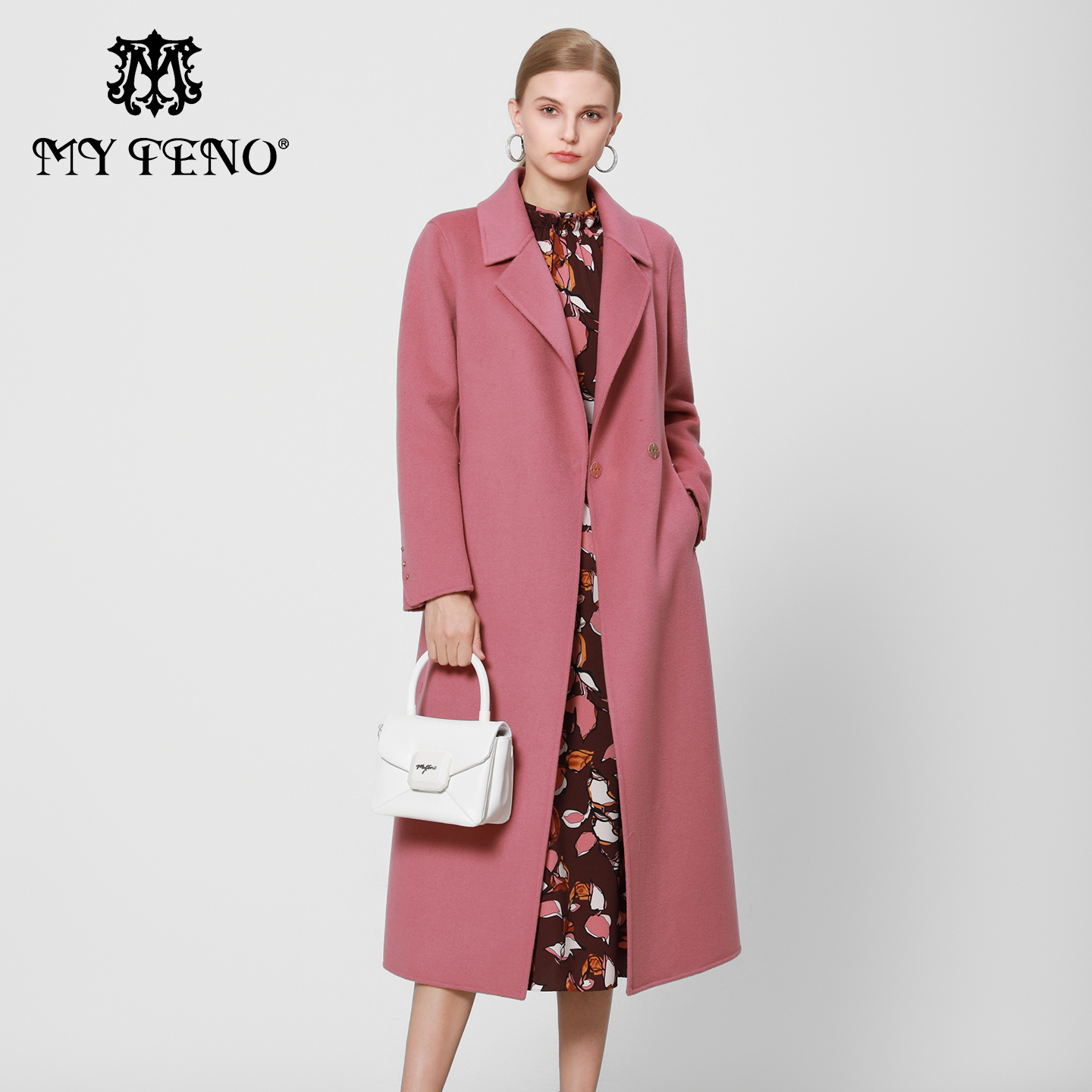 马天奴粉色长款羊毛双面呢大衣