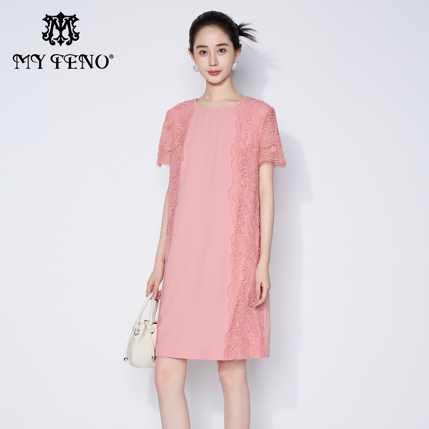 马天奴纯色蕾丝花边短袖连衣裙
