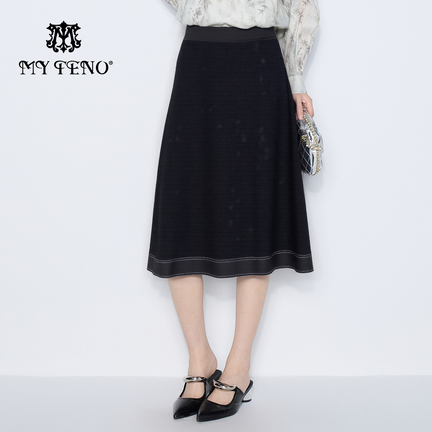 马天奴黑色棉质高腰网格半身裙