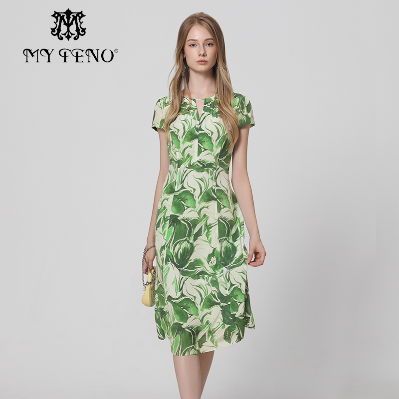 马天奴绿色印花桑蚕丝连衣裙