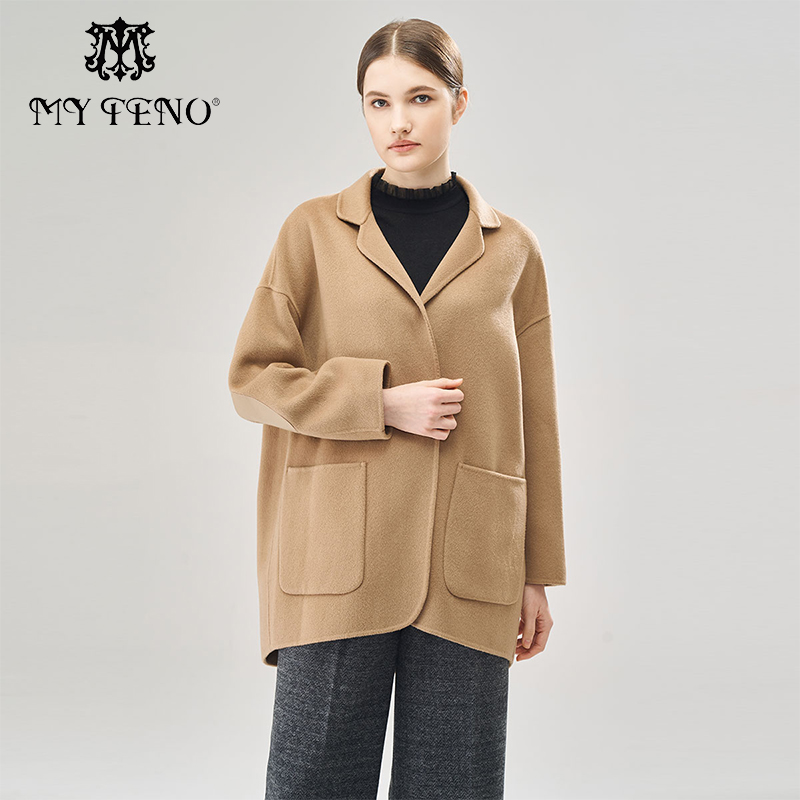 马天奴冬季新款女茶驼色100%绵羊毛毛呢大衣宽松短款休闲保暖外套