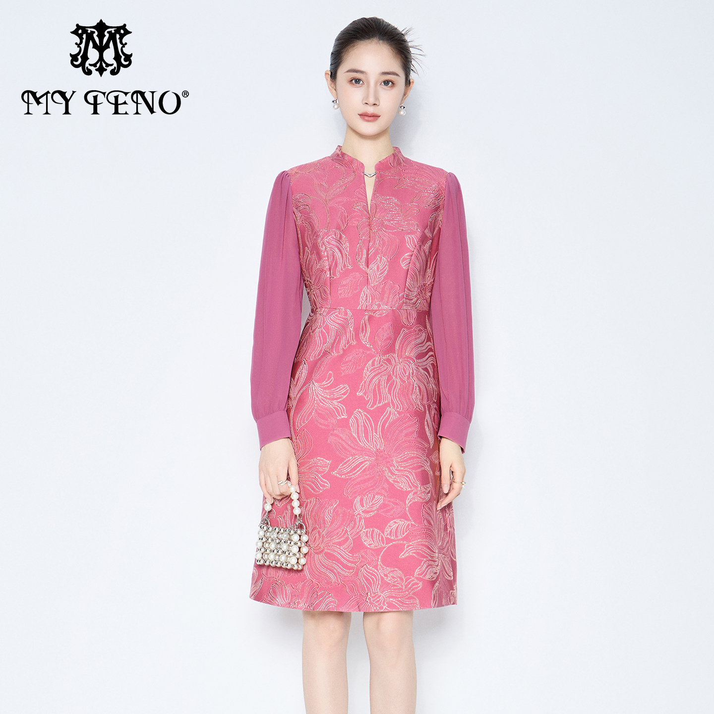 马天奴玫粉色提花立领连衣裙