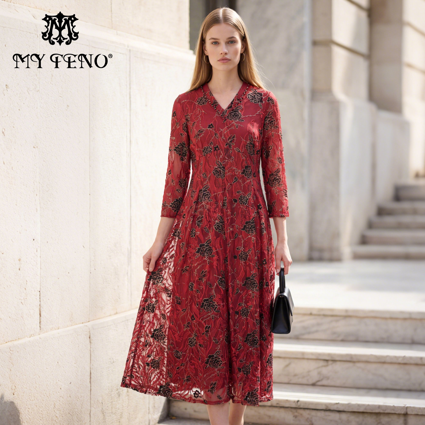 马天奴秋冬新款女装红色刺绣钉珠V领连衣裙子收腰网纱婚庆喜宴,女装/女士精品,连衣裙,淘宝优惠券,粉丝福利购,淘宝优惠卷