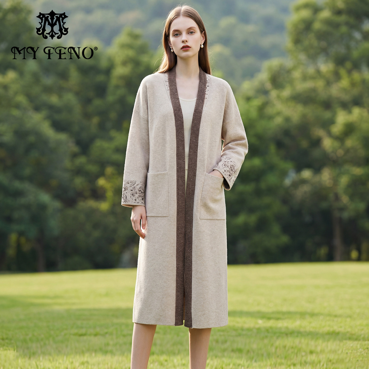 马天奴2025冬季新款羊毛混羊绒拼色提花针织开衫长款外套气质时尚,女装/女士精品,毛针织衫,淘宝优惠券,粉丝福利购,淘宝优惠卷