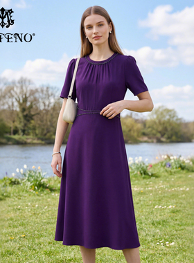马天奴2025夏季新款紫色钉珠圆领雪纺连衣裙子短袖收腰时尚气质女