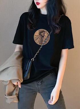 圆领复古印花洋气百搭纯棉短袖黑色t恤女夏季新款2025年上衣ins潮
