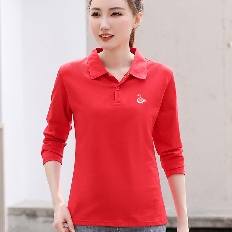 纯棉长袖团队工作服T恤女新春秋翻领POLO衫上衣女宽松运动广场舞