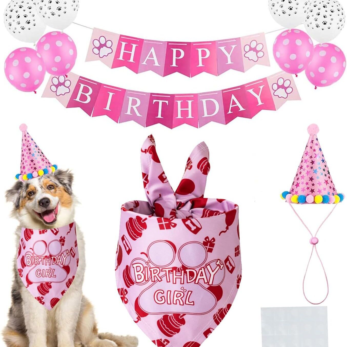 狗狗口水巾拿起围脖领结女孩气球套装粉色生日宠物派对场地布置