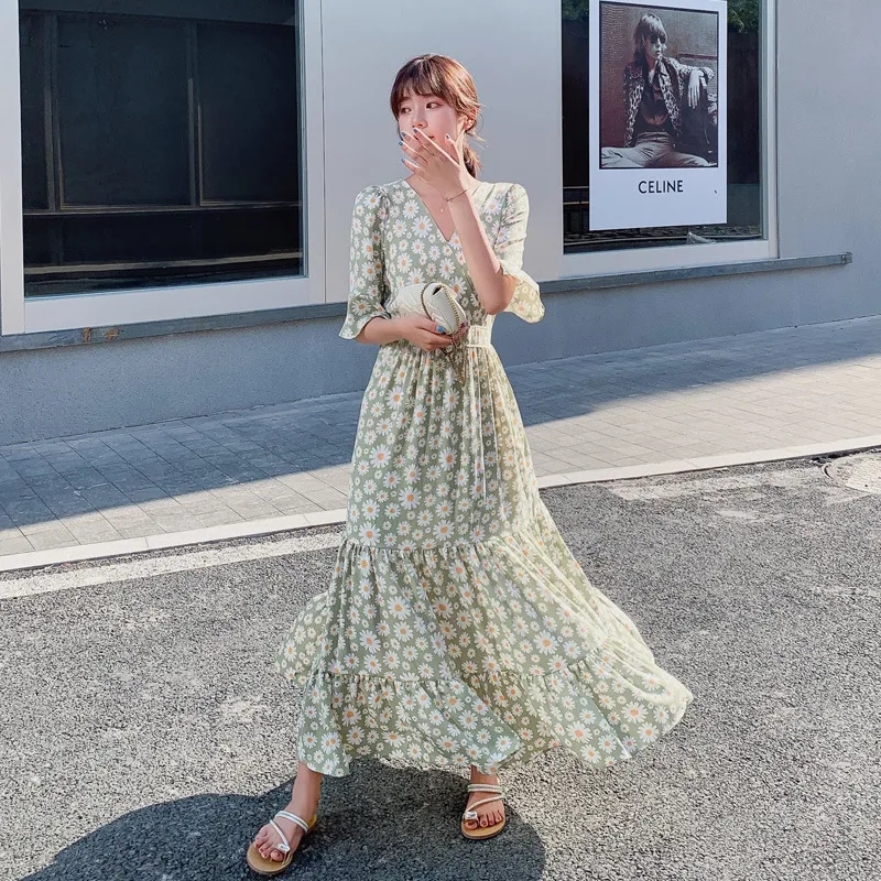 2021 New Short Sleeve Chiffon dress long skirt women's summer mid long super Xianxian thin waist floral skirt