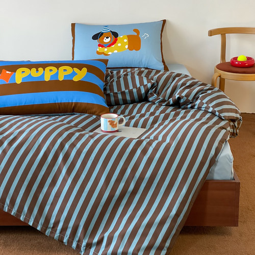 ins多巴胺条纹卡通小狗纯棉四件套全棉被套床单床上用品三件套