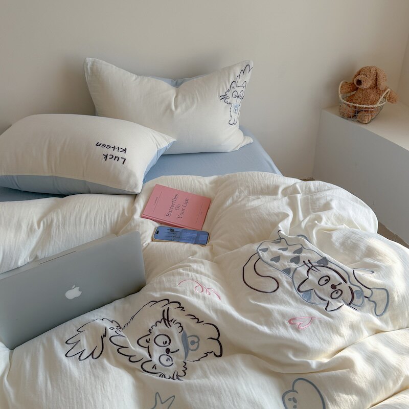 小清新猫咪刺绣透气纯棉双层纱布四件套全棉被套床单床上用品