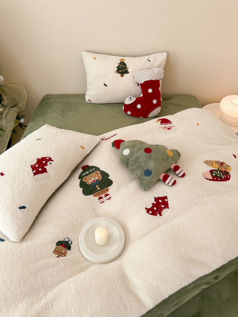 圣诞节礼物刺绣秋冬加厚羊羔绒牛奶绒保暖床上四件套法兰绒珊瑚绒