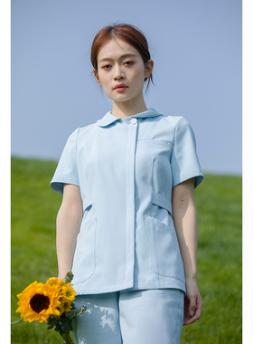高端医院护士服夏短袖女娃娃领牙科诊所蓝色护士服分体式套装短款
