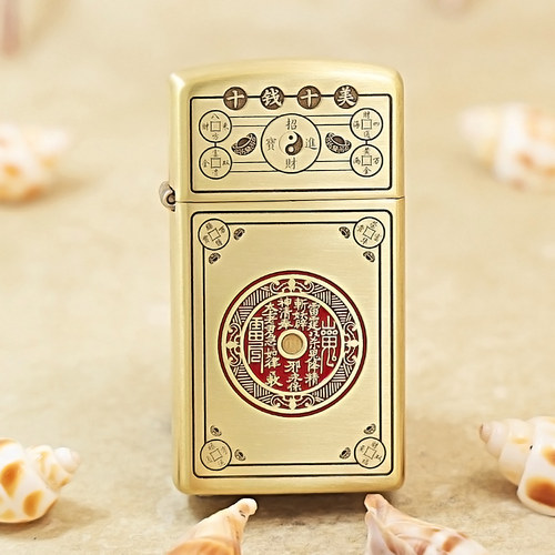 zippo紫铜镶嵌发财防风煤油窄机