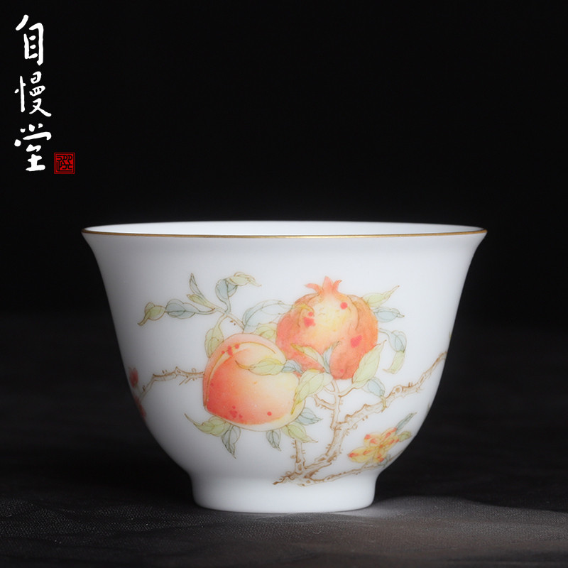 自慢堂瓷器手绘釉中彩三多玉兰杯