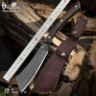 汉道洛克3C砍柴刀一体龙骨长柄真皮刀套大马士革钢高硬度开刃锋利