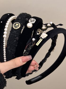 韩系财阀千金气质小香珍珠发箍女秋冬法式复古新款黑色头箍饰品