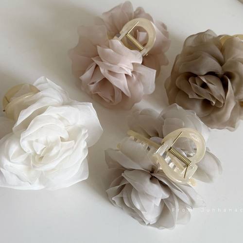 欧根纱感玫瑰花手工抓夹新款韩系花朵发夹甜美百搭盘发鲨鱼夹发饰