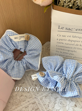 蓝色格子经典纽扣撞色布艺格纹手作大肠发圈韩版甜美简约优雅发饰