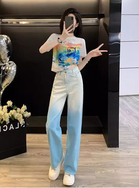 成套搭配女装减龄夏季白色短款短袖T恤渐变阔腿牛仔裤时尚两件套