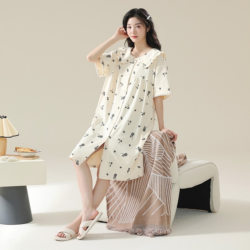 睡裙夏季女款2024新款带胸垫纯棉大码短袖连衣裙长裙开衫娃娃领女