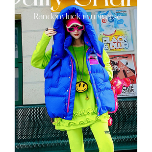 YHAY宝蓝彩色休闲防寒保暖马甲冬季 字母贴布连帽加厚棉服外套 新款