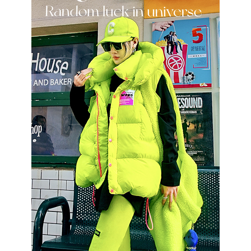 荧光绿彩色连帽防寒休闲棉服马甲