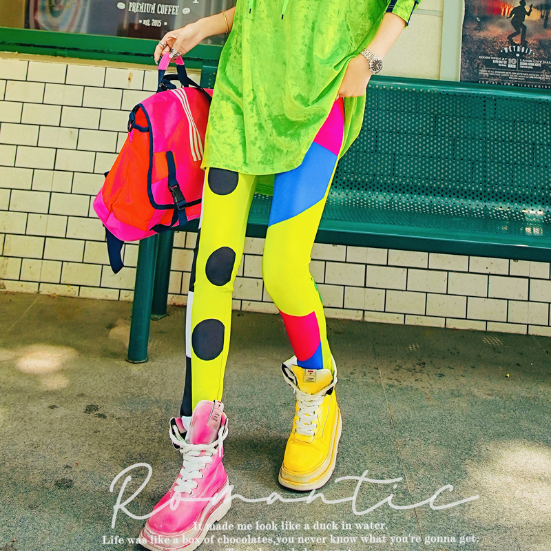 彩色波点撞色图案弹力休闲打底裤