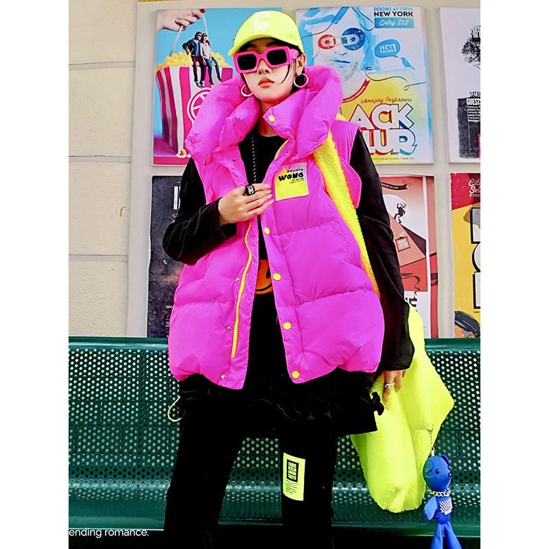 YHAY玫红彩色休闲防寒马甲冬季新款宝蓝字母贴布连帽加厚棉服外套,女装/女士精品,棉衣/棉服,淘宝优惠券,粉丝福利购,淘宝优惠卷