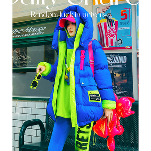 YHAY宝蓝彩色字母贴布连帽防寒保暖棉服秋冬新款 撞色拉链休闲外套