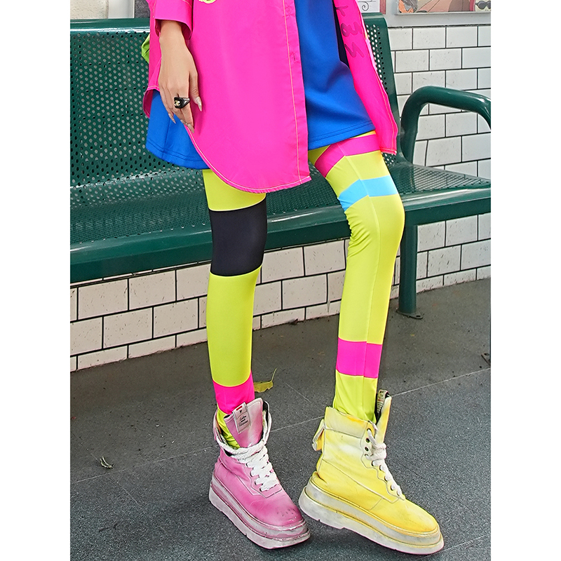 荧光黄彩色条纹显瘦休闲打底裤女