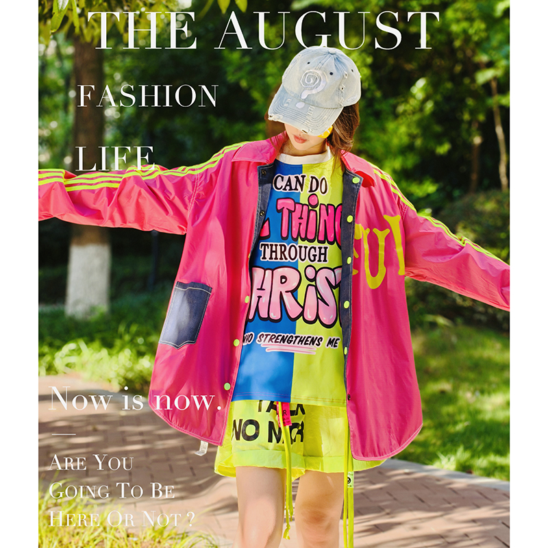 玫红彩色字母撞色休闲衬衫外套女